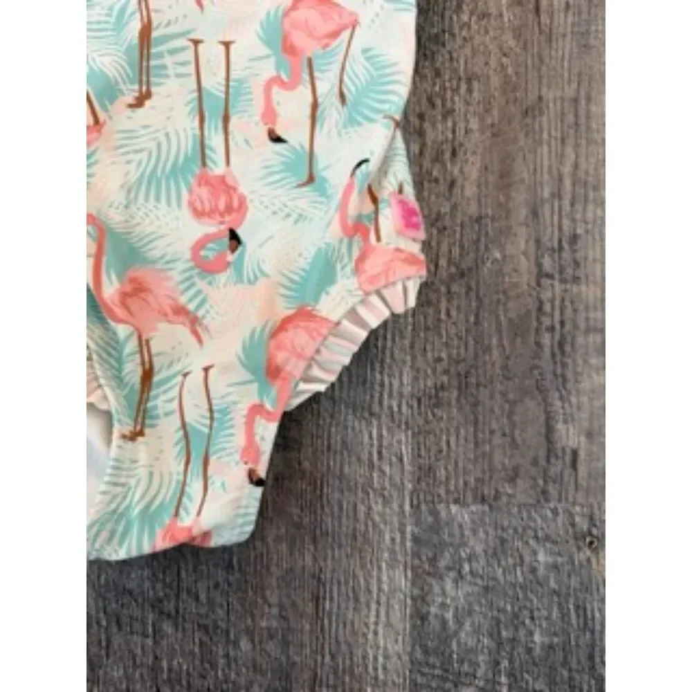 RuffleButts Girls 4T Flamingo Tropical Ruffle One Piece Swimsuit Aqua Pink